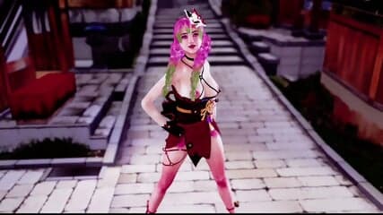 Playful Mitsuri Kanroji dancing and posing in skimpy dress without panties