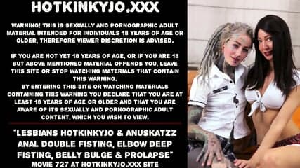 Lesbians Hotkinkyjo & Anuskatzz anal double fisting, elbow deep fisting, belly bulge & prolapse