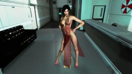Gorgeous Ada Wong in a transparent dress dances in the Umbrella office