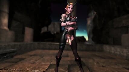 Petite futa tiefling in lustful armor playfully seduces the adventurer