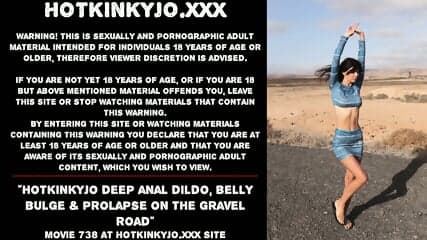 Hotkinkyjo deep anal dildo, belly bulge & prolapse on the gravel road