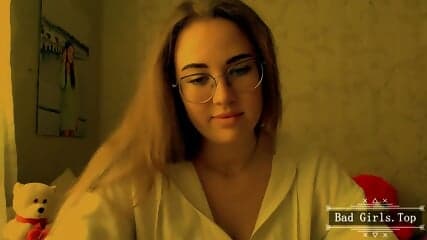 Petite cute busty long hair teen in glasses