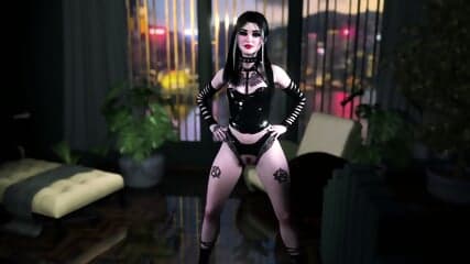 Young goth girl in sexy latex outfit shows off her pale tattooed body