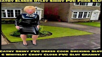 Cathy Shiny Tight PVC MiniSkirt Otley Slut Granny Yorkshire Wife Pornstar In High Heels and Shiny Stockings Outdoors In Her Front Drive and Garden In Public View Showing Off To Neighbours