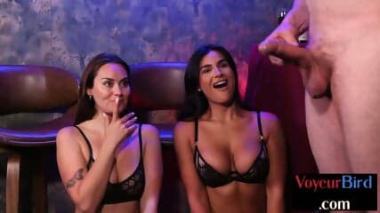 Naughty voyeur babes begging guy to cum