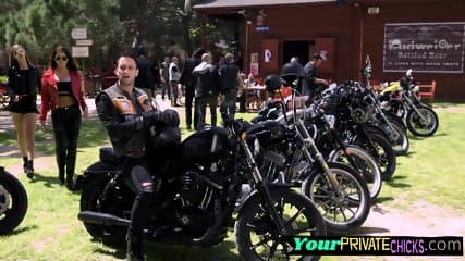 Saucy biker babe spit roasted by cocks