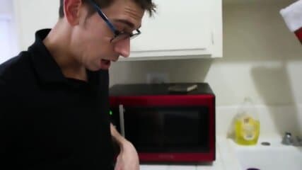 Mom fucks stepson in the kitchen in front of her husband