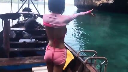 Candid chinese babe with huge natural tits in bikini